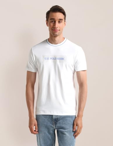 U.S.POLO ASSN. Mens White Logo Crew Neck Half Sleeve Casual Cotton Blend Fitted T-Shirts (USTSH2095_White_2XL)