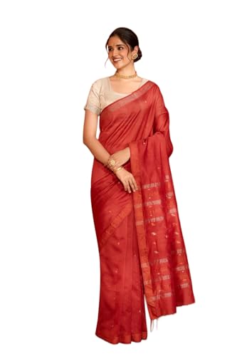 Taneira Women Red Bengal Pure Silk Cotton Jamdani Saree with Unstitched Blouse Piece (SAPH01AB2049-Red)
