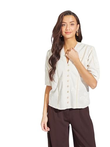 Latin Quarters Women Ivory Embroidered Linen Blend Top | V-Neck | Half Sleeves | Button-Down Casual Summer Shirt