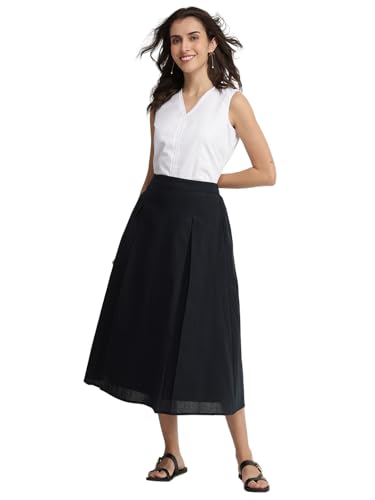 Pink Fort Linen Blend Solid Flared Skirt - Black