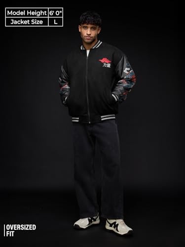 The Souled Store Bomber Jacket: Dragon Men and Boys Full Sleeves Spread Collar Black Graphic Printed Polyester Oversized Fit Lightweight Winter Bomber Jacket