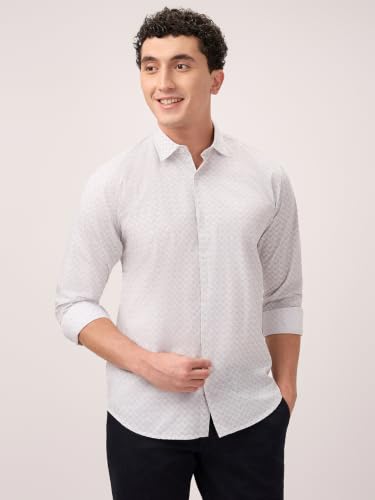 Park Avenue Men Slim Fit Print Pattern Pure Cotton Semi Cut Away Collar Full Sleeve Casual Shirt White