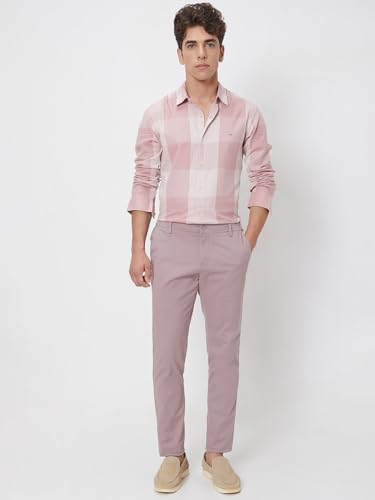MUFTI Men Casual Shirt | Slim Fit Spread Collar Checked Design | 100% Cotton Breathable Fabric with Full Sleeves & Curved Hem | Perfect for Smart Casual Outings| Soft Pink 6XL