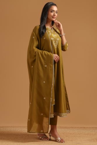 Soch Womens Olive Cotton Embroidered Botanical Thread Work Salwar Suit