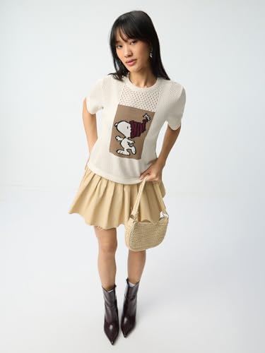 The Souled Store Peanuts Snoopster: Women and Girls Short Sleeves Round Neck Off-White Graphic Printed Cotton Relaxed Fit Breathable Lightweight Everyday Streetwear T-Shirt