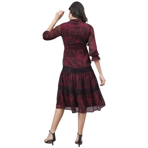 Latin Quarters Women Maroon 3/4 Sleeve Tie-Up Neck A-Line Dress