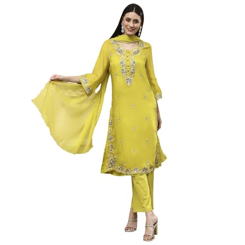 BIBA Women Lime Green Embroidered Straight Suit Set_38