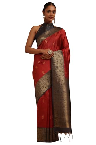 Soch Womens Deep Red Tussar Paisley Zari Woven Saree