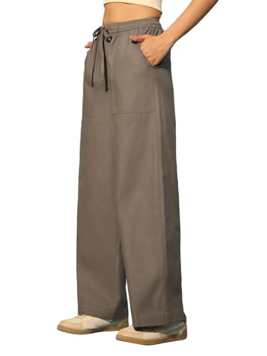 The Souled Store Oak Brown Womens and Girls Beige Solid Cotton Straight Fit Drawstring Waist Lightweight Easy to Style Everyday Office Wear Straight Fit Pants