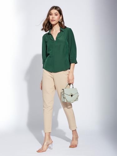 Latin Quarters Women Green Collar Neck 3/4th Sleeve Solid Shirt Blouse_2XL