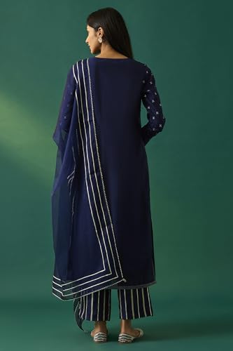 Wishful Women's Navy Blue Embroidered Straight Kurta with Straight Pant and Dupatta Set - (SP12862-401180-L)