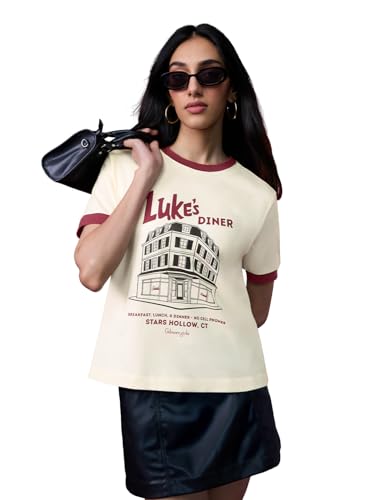 The Souled Store Gilmore Girls: Women and Girls Short Sleeves Round Neck Cream Graphic Printed Cotton Relaxed Fit Breathable Lightweight Everyday Streetwear T-Shirt