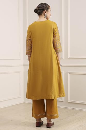 Biba Women Mustard Cotton Blend Kalidar Dyed Suit Set_36