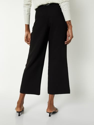 Max Women Solid Wide-Leg Crop Trousers with Belt (Black_36)