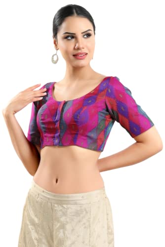 Vamas Women's Brocade & Georgette Padded Self Design Half Sleeve Readymade Saree Blouse (X-817.ELB_Pink-Multi_34)