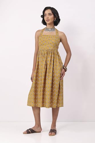Biba Nxt Women Yellow Cotton Printed Straight Dress_32