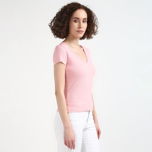 Tommy Hilfiger Pink Textured V-Neck Half Sleeve T-Shirt