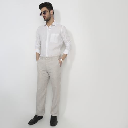 Raymond Men Contemporary Fit Stripe Pattern Pure Linen Semicutaway Collar Full Sleeve Apple Cut Formal Shirt White