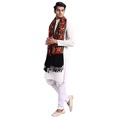 Zamour Men's Traditional Kashmiri Lohi Stole Punjabi with Embroidery Patterns 80 inches x 30 inches (Black)