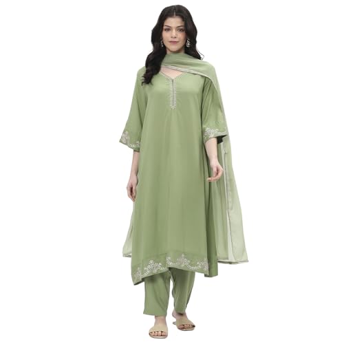 Biba women Olive Green Viscose Rayon A-line Kurta Set_46