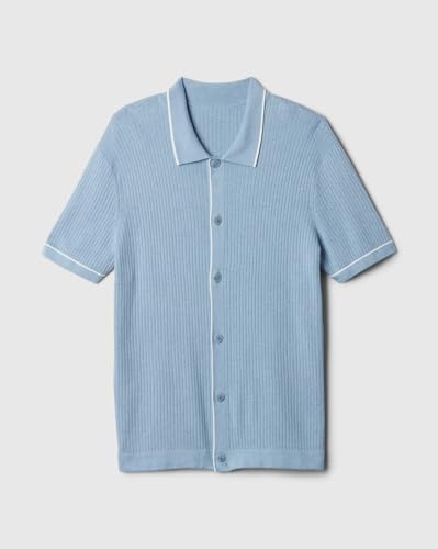 GAP Men Polo-Neck Ribbed Sweater with Short Sleeves, Blue, XL