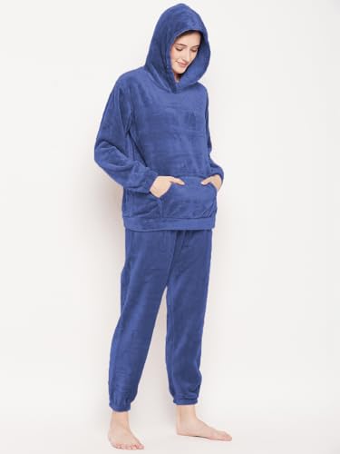 CAMEY Women Winter Full Sleeve Top and Pajama Pants Regular Fit Night Suit Hooded Top and Pyjama Set Ladies Night Dress (X-Large, D.Blue)