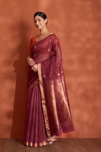 Taneira Women Dark Red Woven Pure Silk Cotton Bengal Saree with Unstitched Blouse Piece (SAPH04AB0593-Dark Red)