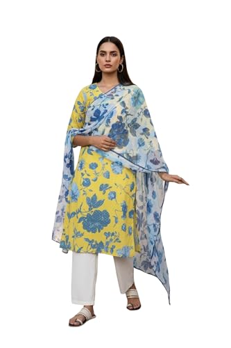 W for Woman Floral Watercolor Chiffon Dupatta - Blue (W82621-122025-FS)