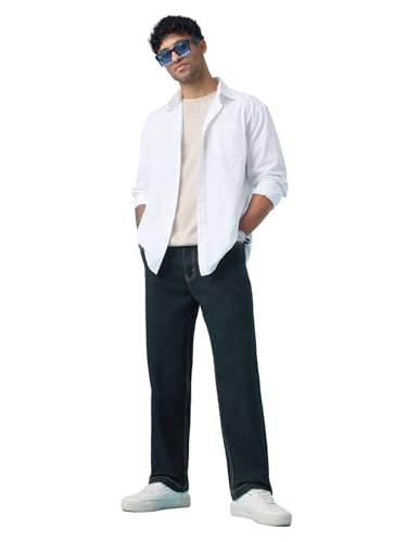 The Souled Store Baggy Fit Denim: Inkstone Men and Boys Zip Fly Charcoal Blue Solid Cotton Denim Contrast Stitching Comfortable Everyday Streetwear Straight Fit Jeans