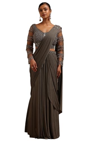 Soch Womens Olive Spandex Solid Ready to Wear Saree With Beads And Stones