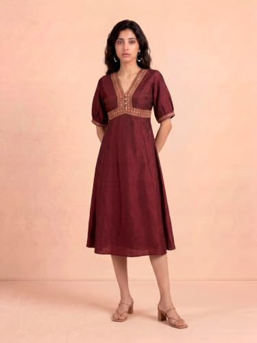 Aarke Ritu Kumar Wine Plum Tree Midi Dress with Belt