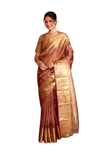 Taneira Women Brown Woven Kanjeevaram Inspired Design Silk Viscose Saree with Unstitched Blouse Piece (SABHMBAB8719-Brown)