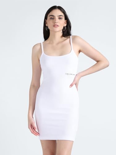 Calvin Klein Women's Cotton A-Line Above The Knee Dress (J221404YAF_White_S)