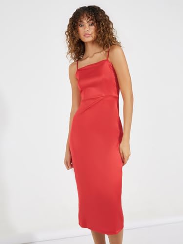 Styli Women Solid Strappy Sheath Midi Dress | Sleeveless with Shoulder Straps | Elegant Midi Length | Straight Hemline | Zip Closure | Perfect for Parties & Casual Occasions Red