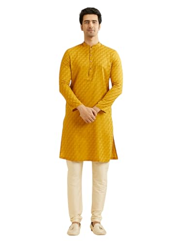 Manyavar Men's Cotton Printed Kurta Pyjama Set (Mustard,XL)
