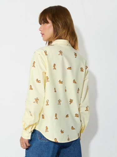 The Souled Store Garfield: Poses Women and Girls Long Sleeves Spread Collar Light Yellow Embroidered Cotton Relaxed Fit Lightweight All-Season Comfortable Stylish Everyday Shirt