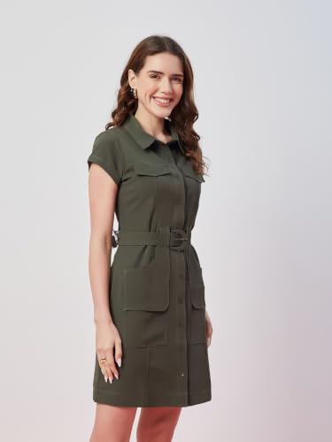 Latin Quarters Women's Green Solid Cap Sleeves Collar Neck Casual Shirt Dress_XXL