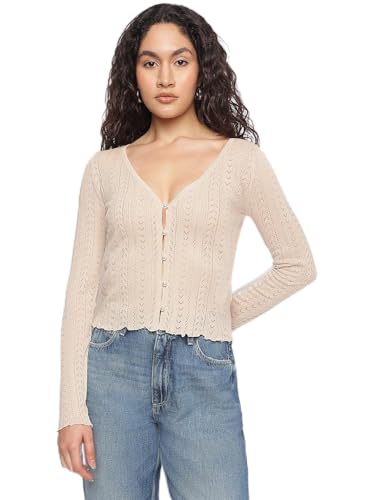 GUESS Beige Self Design V-Neck Amira Shiny Yarn Cardigans