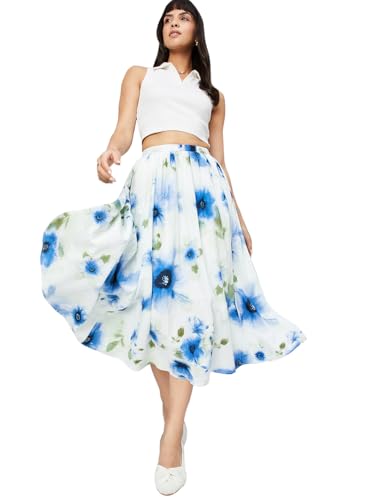 Max Women Floral Print Midi Skirt (Off White_M)