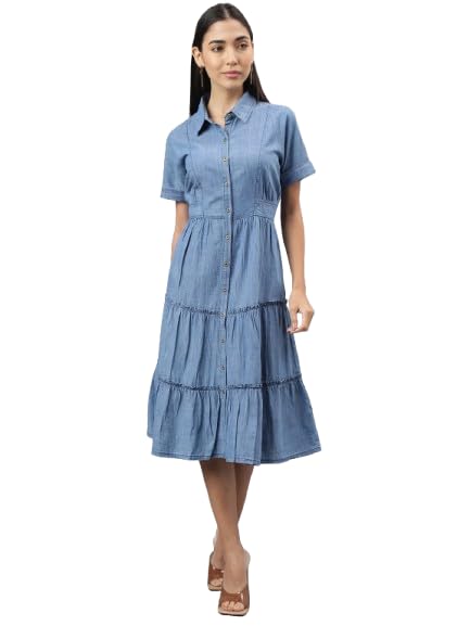 Latin Quarters Women Blue Denim Solid Knee-Length Shirt Dress with Collar Neck Half Sleeves and Button Closure in Cotton Viscose Fabric