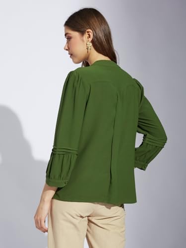 Latin Quarters Women Greenolive V-Neck 3/4th Sleeve Solid Tunic Blouse_M