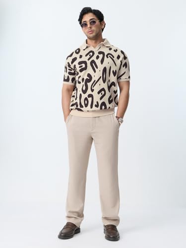The Souled Store Soul Beat Men and Boys Short Sleeve Spread Collar Beige Abstract Jacquard Print Cotton Blend Regular Fit Lightweight Everyday Office Wear Easy to Style Trendy Polos