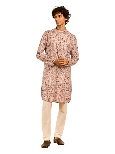 DIWAS BY MANYAVAR Men's Cotton Blend Digital Print Zip Neck Kurta Set (Beige,XXL)