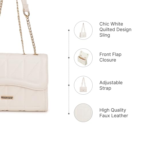Fastrack Women’s White Sling Bag | Quilted Faux Leather | Adjustable Strap with Metal Detail & Flap Closure