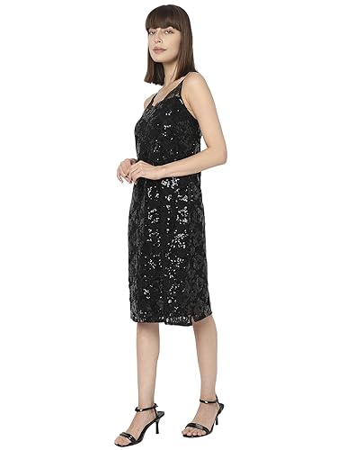 VERO MODA Women Sequence Polyester Knee Length Black Shift Dress