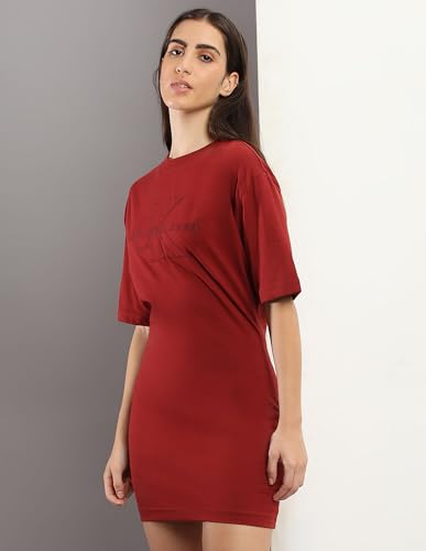 Calvin Klein Red Cotton Printed Round Neck Short Sleeves Regular Fit Women Dress