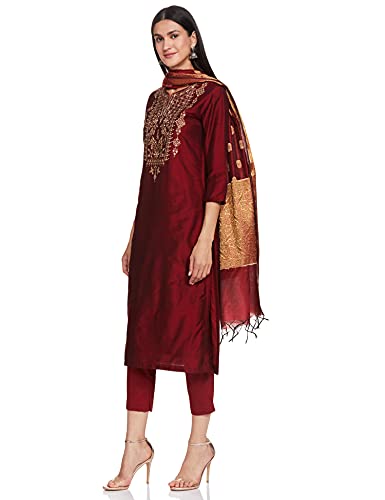 BIBA WOMEN EMBROIDERY SALWAR KURTA DUPATTA(SKDROYAL RA7630_MAROON_32)