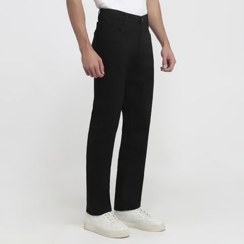 Park Avenue Men Regular Fit Solid Pattern Cotton Blend Flat Front Casual Jeans Black