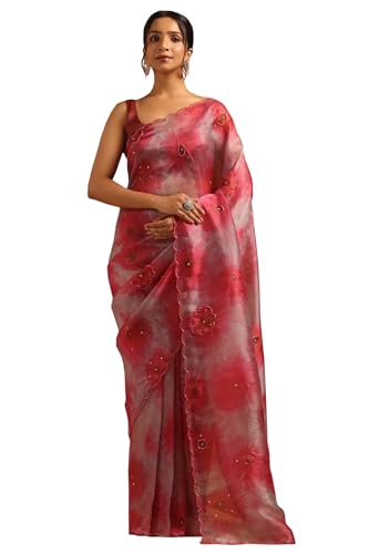 Soch Womens Blush Pink Fendy Organza Floral Saree With Beaded