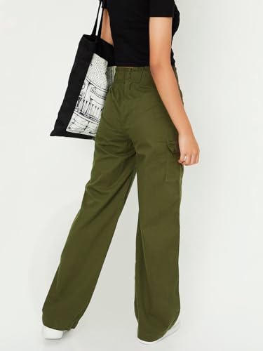 max Girls Solid Full-Length Regular Fit Flared Trousers,Olive Green,13-14Y
